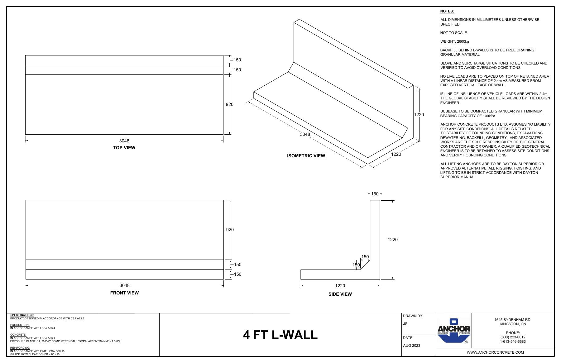 Complete first-page drawing preview: L-Wall 4 - Source Drawing (4 FT L-WALL)
