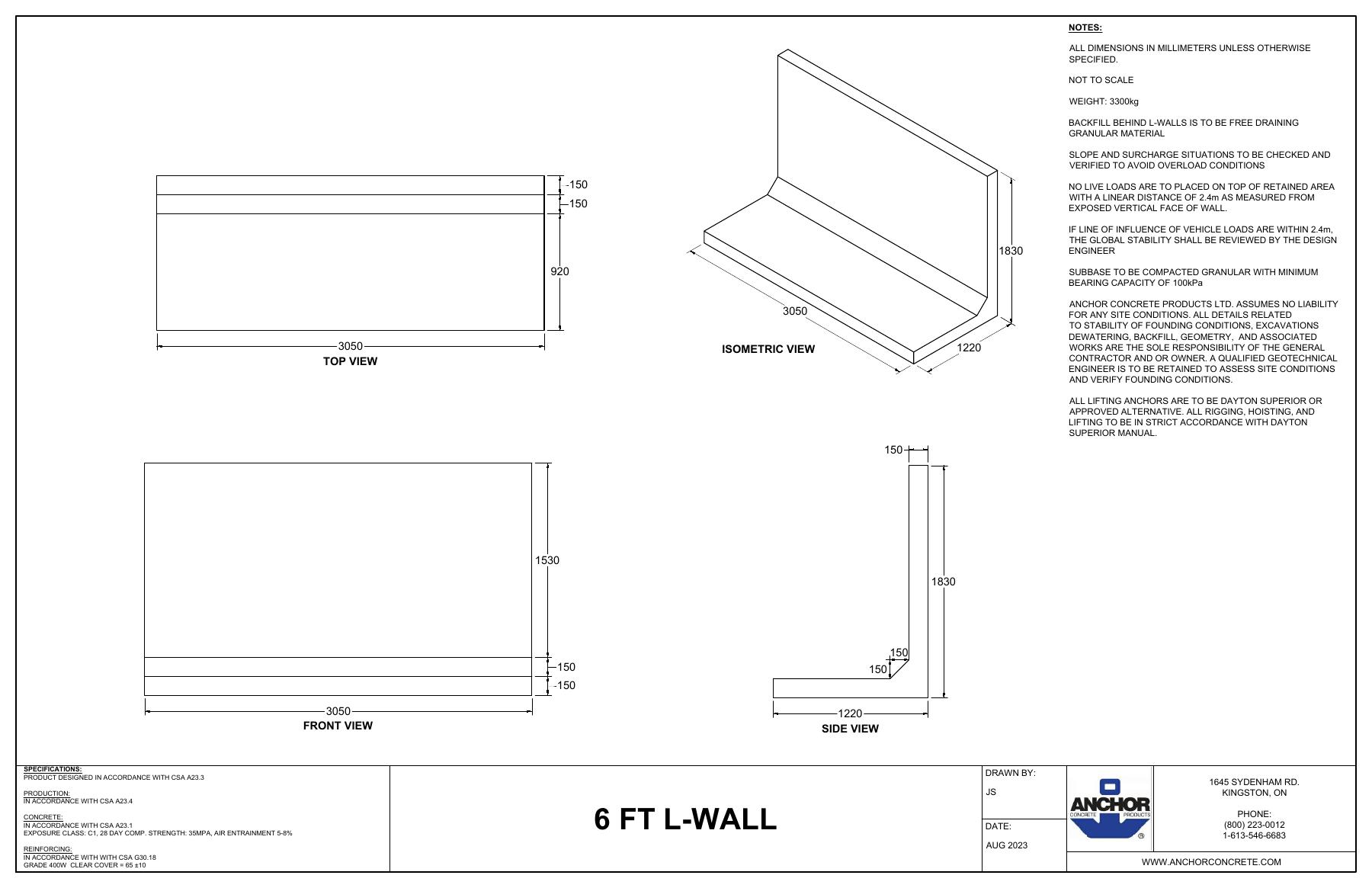 Complete first-page drawing preview: L-Wall 6 - Source Drawing (6 FT L-WALL)