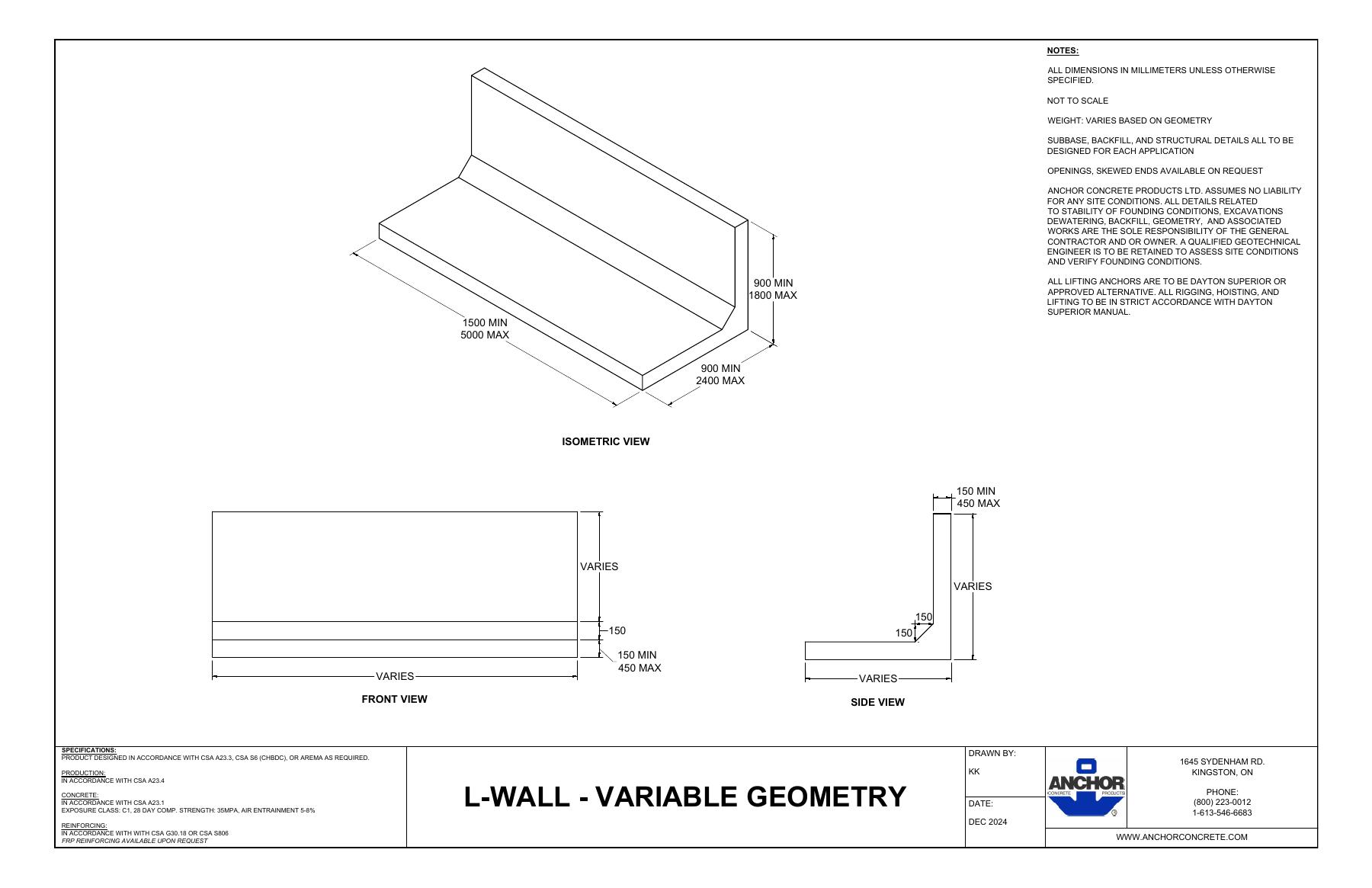 Complete first-page drawing preview: Custom L-Wall - Variable Geometry