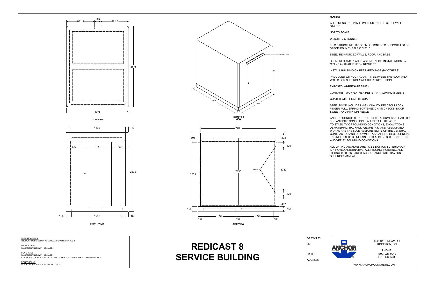 Complete first-page drawing preview: Redicast 8 Service Building