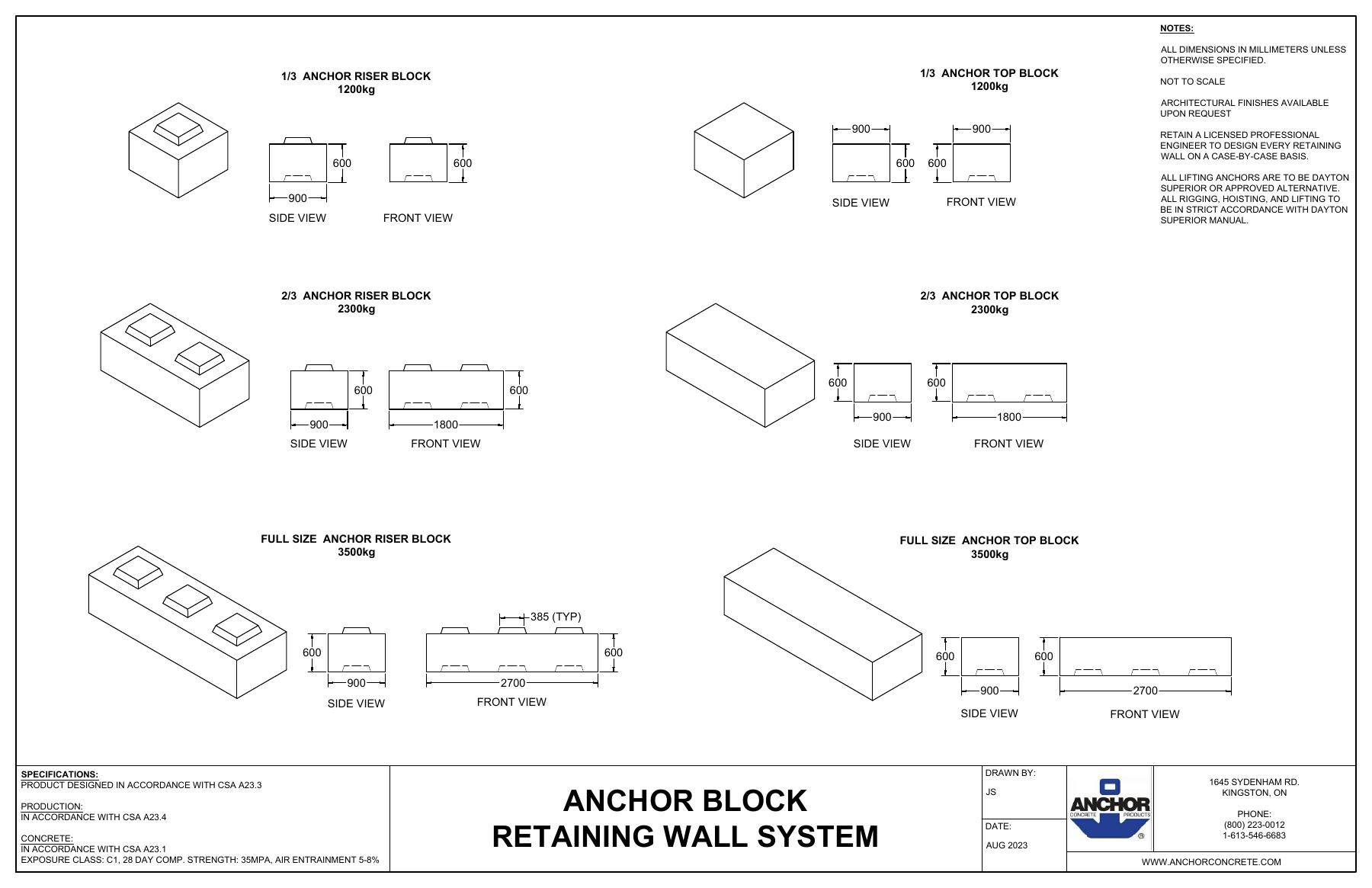 Complete first-page drawing preview: Anchor Block Retaining Wall System