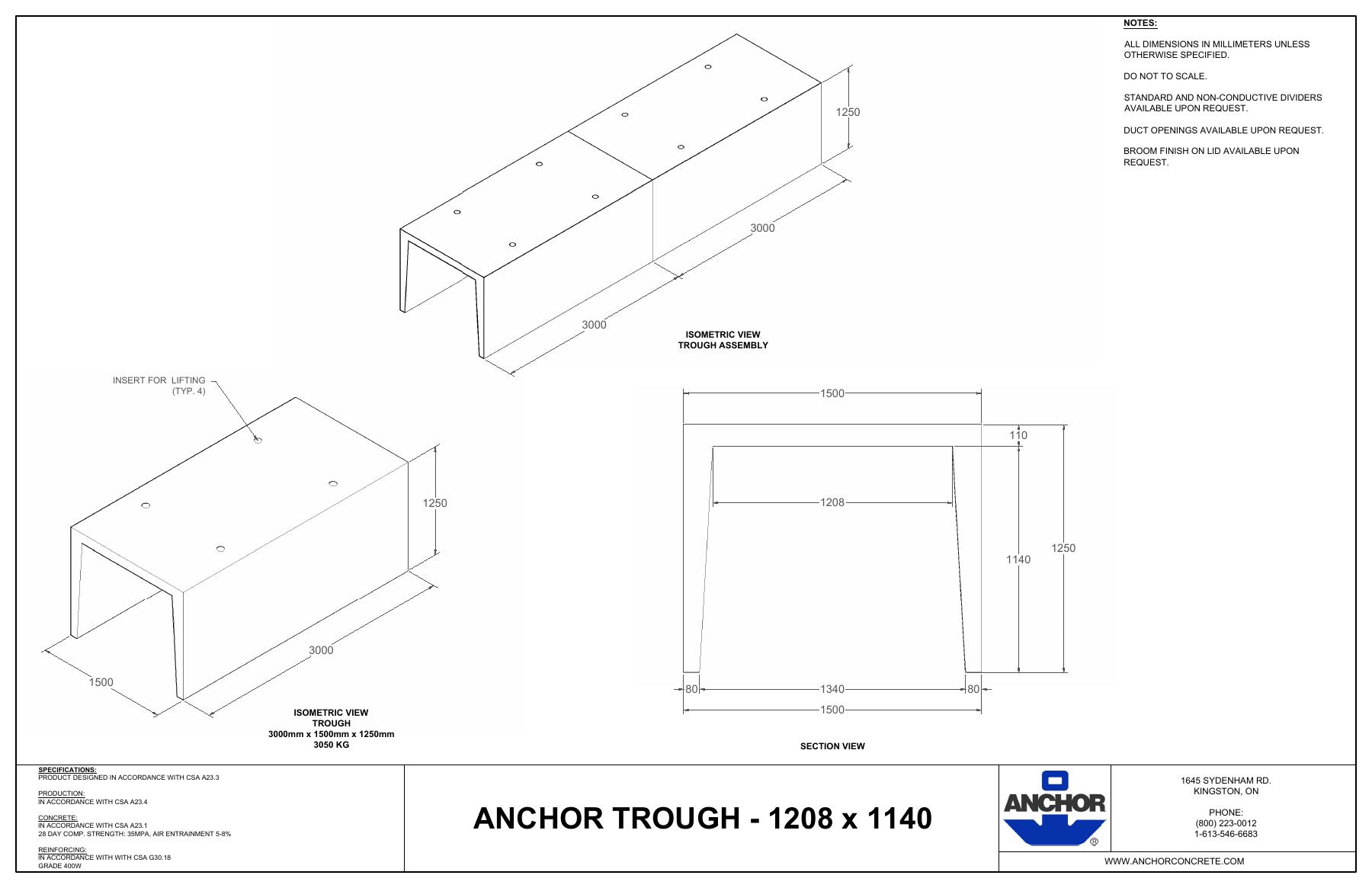 Complete first-page drawing preview: Anchor Trough - 1208 x 1140 (Catalogue Label Requires Confirmation)