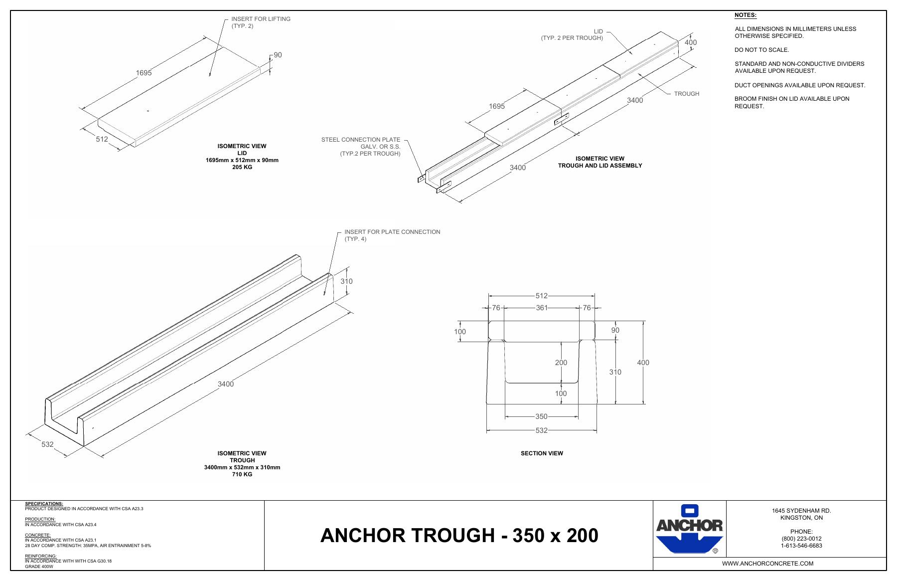 Complete first-page drawing preview: Anchor Trough - 350 x 200