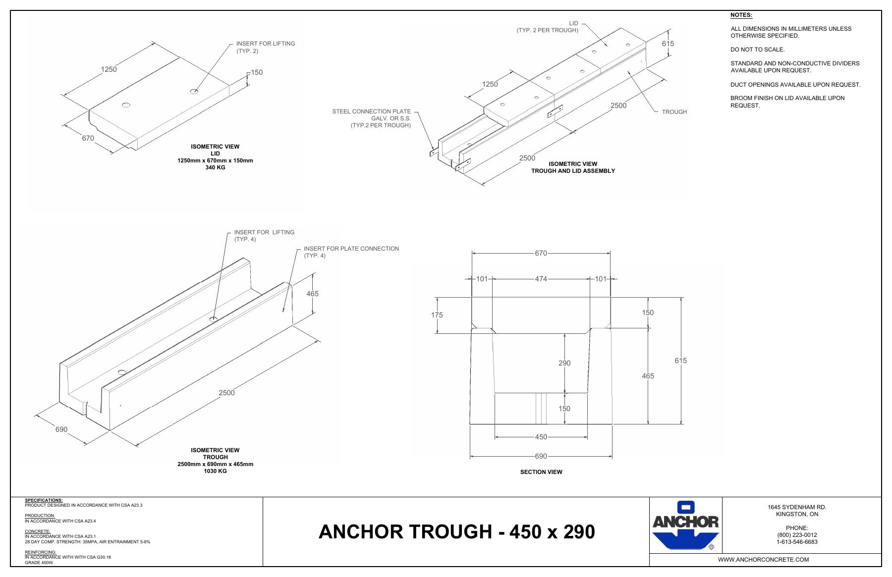 Complete first-page drawing preview: Anchor Trough - 450 x 290