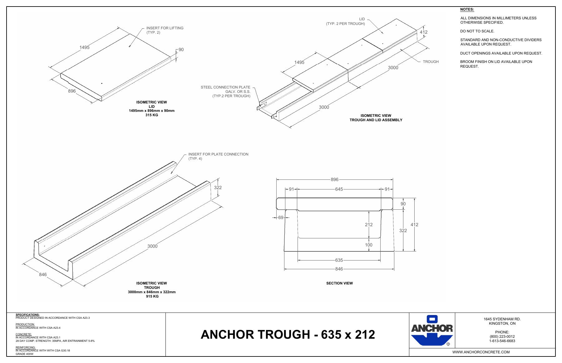 Complete first-page drawing preview: Anchor Trough - 635 x 212