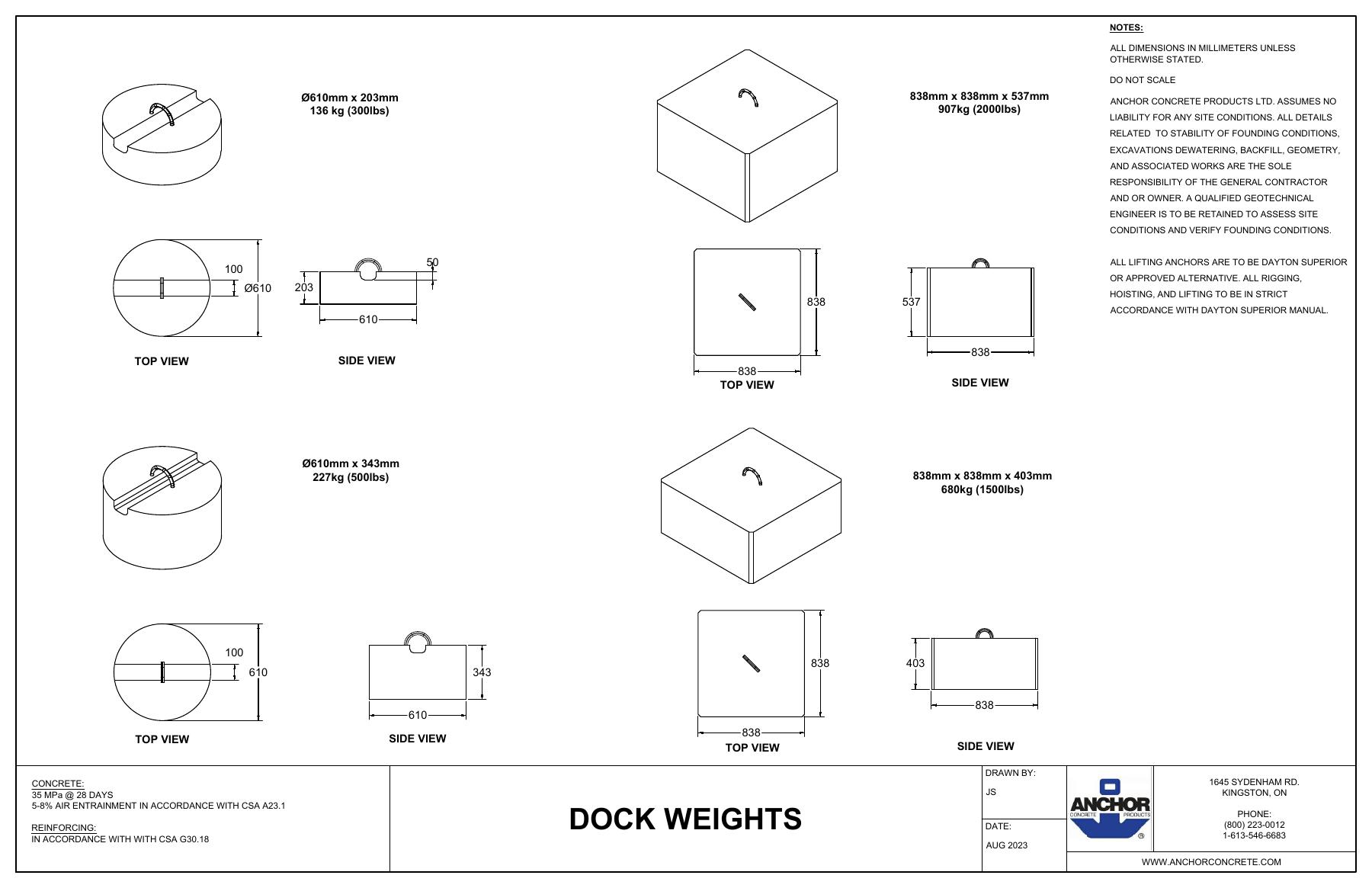 Complete first-page drawing preview: Dock Weights - Round and Rectangular Models