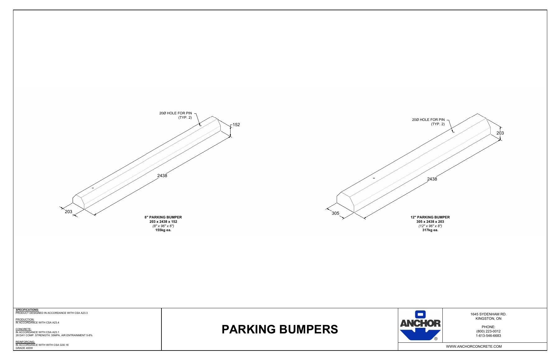 Complete first-page drawing preview: Parking Bumpers - 8-Inch and 12-Inch Models