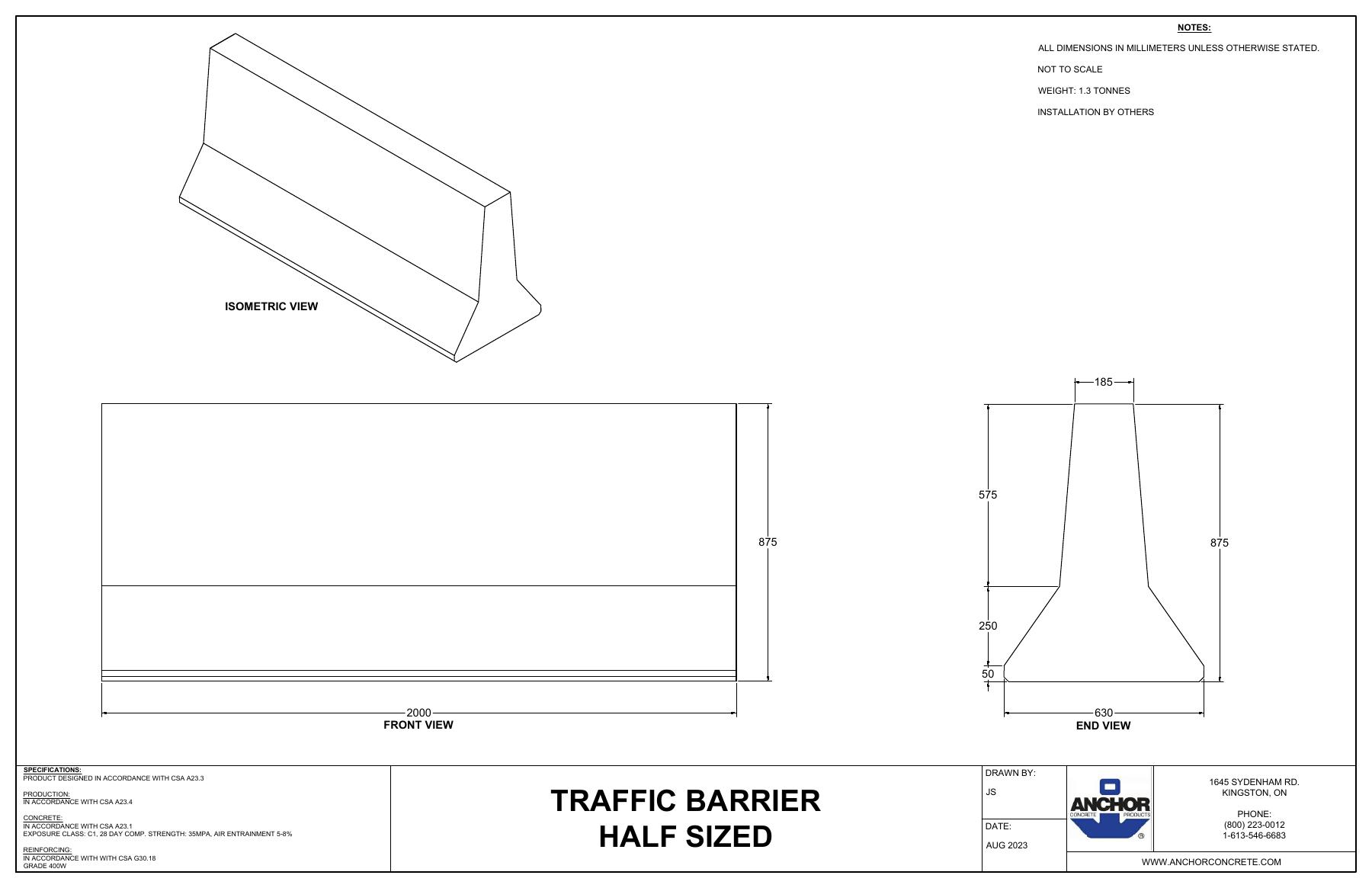 Complete first-page drawing preview: Half-Sized Traffic Barrier