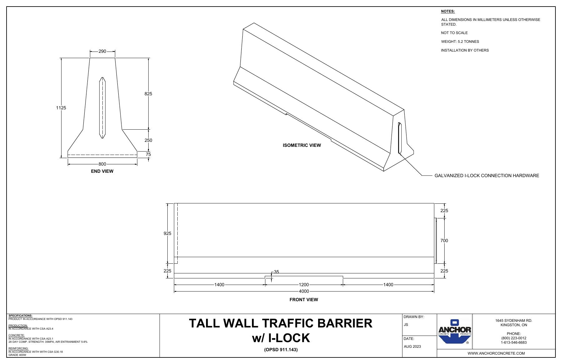 Complete first-page drawing preview: Tall Wall Traffic Barrier with I-Lock (OPSD 911.143)